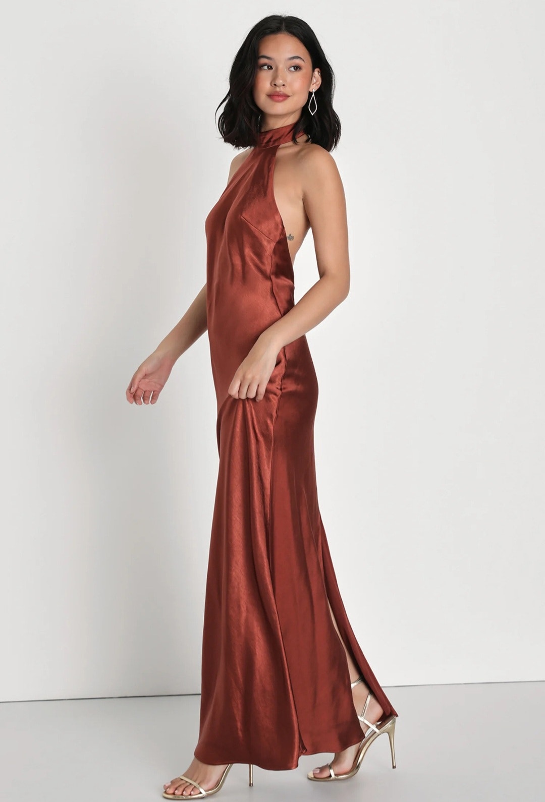 Nwt Lulus Love In Your Life Rust Brown Satin Halter Midi Dress Medium